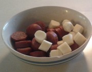 Bowl of Costco hot dogs and cheese sticks a day